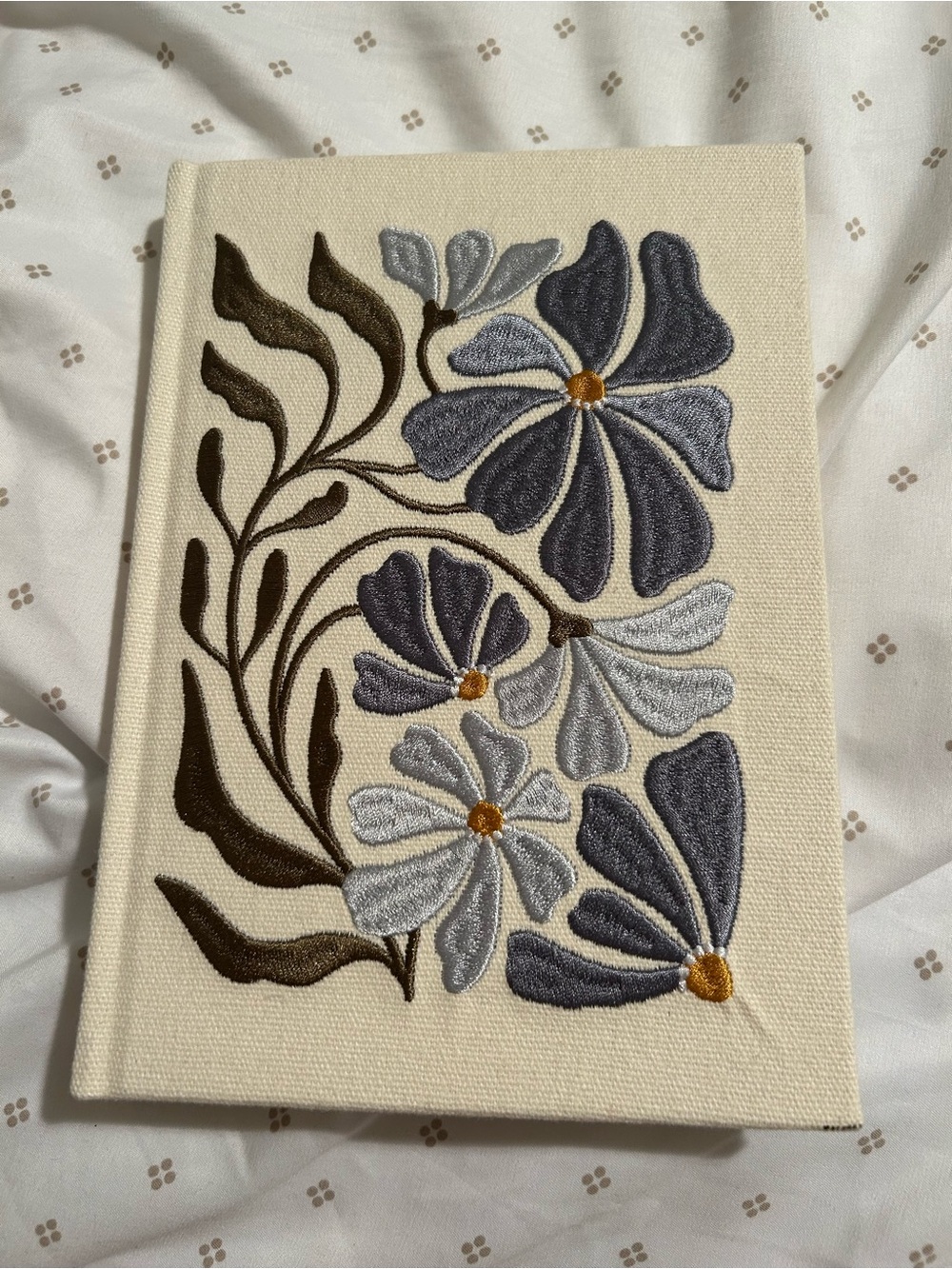 Source Unknown Cream Notebook with Blue, Gray & Brown Embroidered Flowers